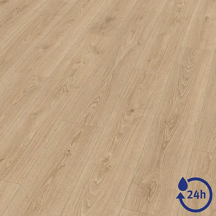 Egger Laminat NatureSense Aqua - Treviso Eiche braun, Landhausdiele, 1.292 x 193 x 8 mm - Ein Laminatboden in hellbrauner Holzoptik, der wasserabweisend für bis zu 24 Stunden ist, ideal für stark frequentierte Wohnbereiche.