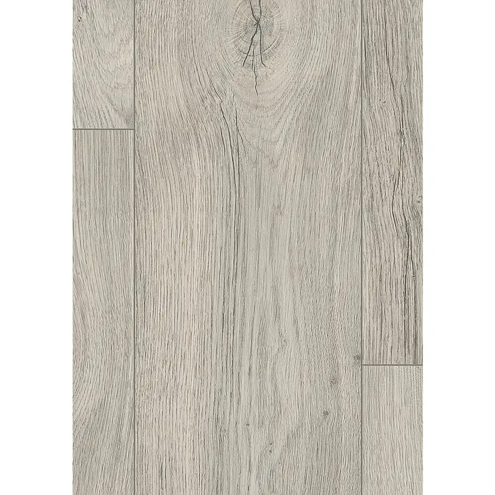 Egger Laminat NatureSense Aqua - Elva Eiche grau, Landhausdiele, 1.292 x 193 x 10 mm - Detailaufnahme eines Laminatbodens in hellgrauer Holzoptik mit Astlöchern und feiner Maserung für ein natürliches Ambiente.