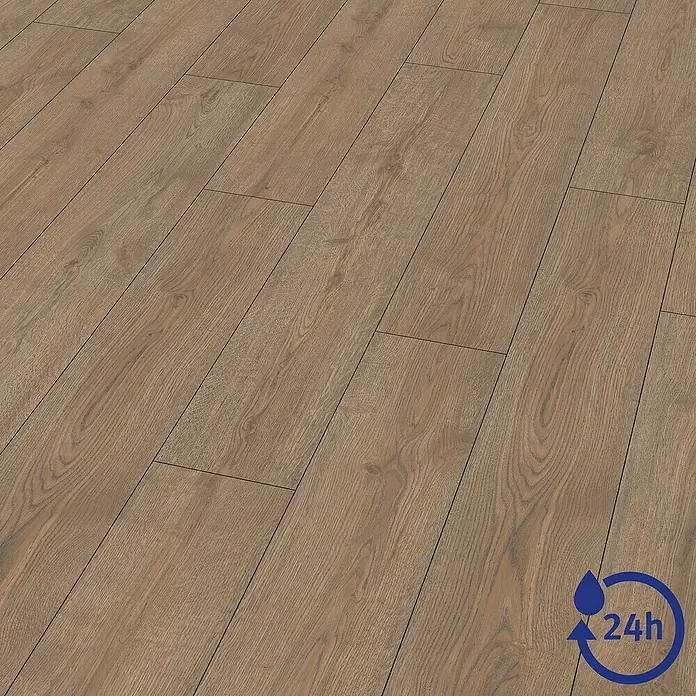 Egger Laminat NatureSense Aqua - Turin Eiche braun, Landhausdiele, 1.292 x 193 x 8 mm - Ansicht des Laminatbodens, der sich ideal für eine moderne Inneneinrichtung eignet und eine wasserfeste Oberfläche hat.