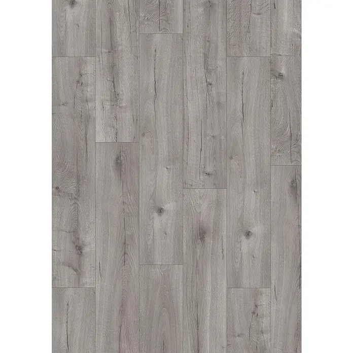 Egger Laminat NatureSense Aqua - Loja Eiche hellgrau, Landhausdiele, 1.292 x 246 x 8 mm - Detailaufnahme eines grauen Laminatbodens mit Holzmaserung und subtilen Farbunterschieden, die eine natürliche Optik erzeugen.
