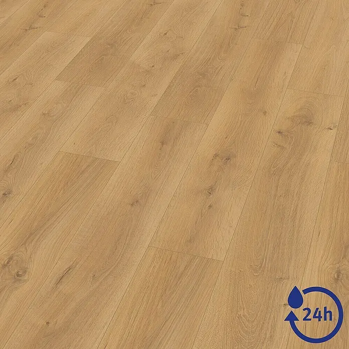 Egger Laminat NatureSense Aqua - Pinot Eiche honig, Landhausdiele, 1.292 x 193 x 10 mm - Nahaufnahme des Laminatbodens in Holzoptik, der Robustheit und eine ansprechende Ästhetik vereint. Das Laminat ist wasserabweisend bis zu 24 Stunden.