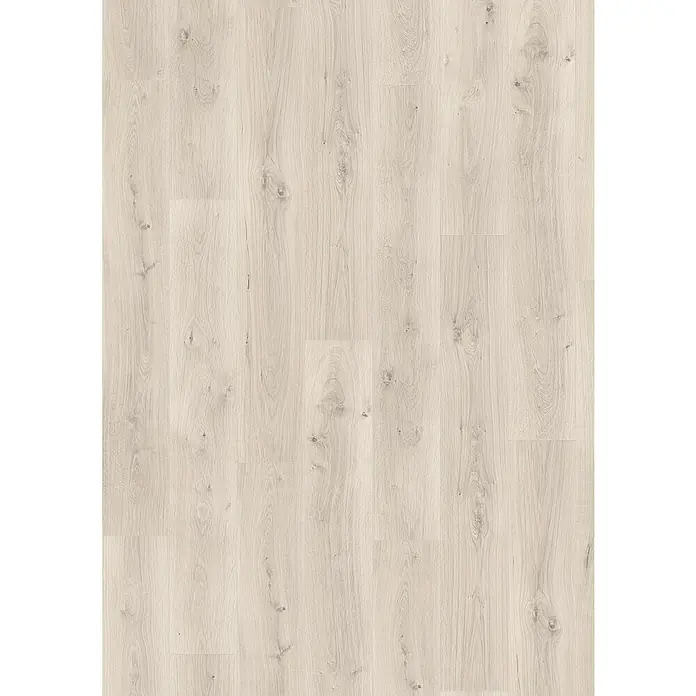 Egger Laminat NatureSense Aqua - Pinot Eiche weiß, Landhausdiele, 1.292 x 193 x 8 mm - Heller Laminatboden mit einem Muster, das echtem Holz ähnelt. Die Oberfläche hat eine feine Maserung und dezente Farbunterschiede.