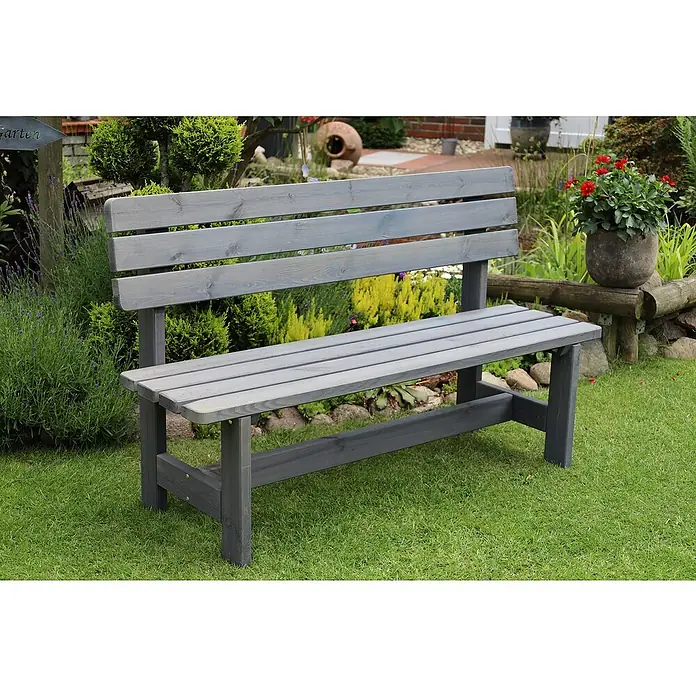 Promadino Gartenbank Summer - B x T x H: 150 x 51 x 90 cm, Kiefer, Grau - Graue Gartenbank aus Holz mit Rückenlehne auf Rasen. Ideal zum Entspannen im Garten.