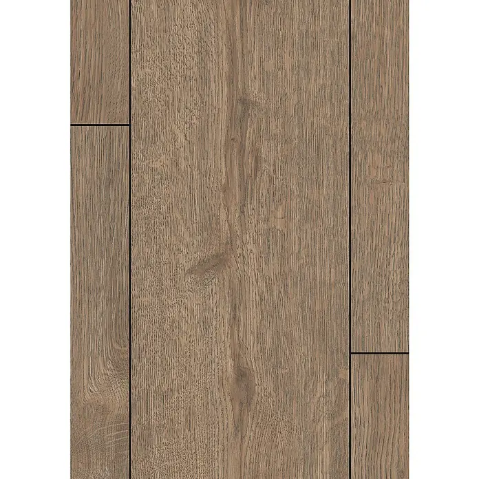Egger Laminat NatureSense Aqua - Turin Eiche braun, Landhausdiele, 1.292 x 193 x 8 mm - Nahaufnahme von Laminatboden in warmen Brauntönen mit deutlicher Holzmaserung und dunklen Fugen.