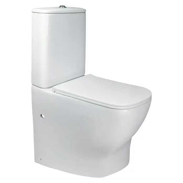 Camargue Pack de WC Lisboa - Sin borde de descarga, Salida WC: Horizontal, Blanco - Primer plano de un elegante inodoro blanco. El diseño sin borde favorece la higiene en el baño.