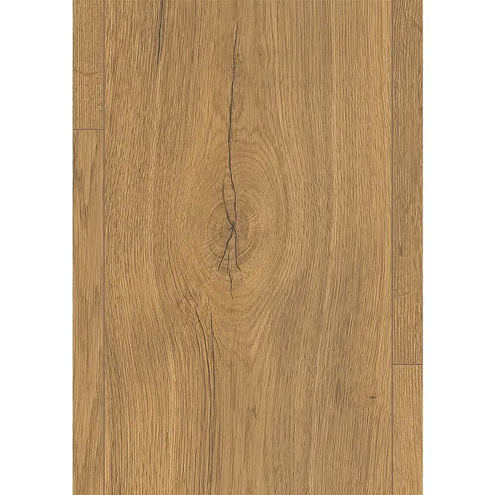 Egger Laminatmuster NatureSense Aqua - 297 x 246 x 8 mm, Landhausdiele, Elva Eiche honig - Detailaufnahme eines Laminatbodens in Holzoptik mit Astloch und Maserung, ideal für Wohnräume mit natürlichem Flair und robuster Oberfläche.