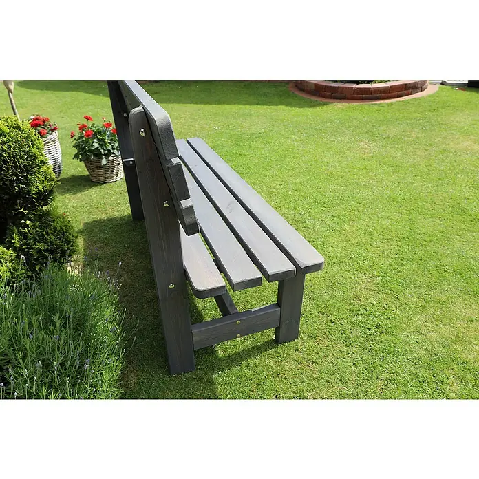 Promadino Gartenbank Summer - B x T x H: 150 x 51 x 90 cm, Kiefer, Grau - Dunkelgraue Gartenbank aus Holz auf einem grünen Rasen, ideal zum Entspannen im Freien. Die Bank bietet Platz für mehrere Personen.