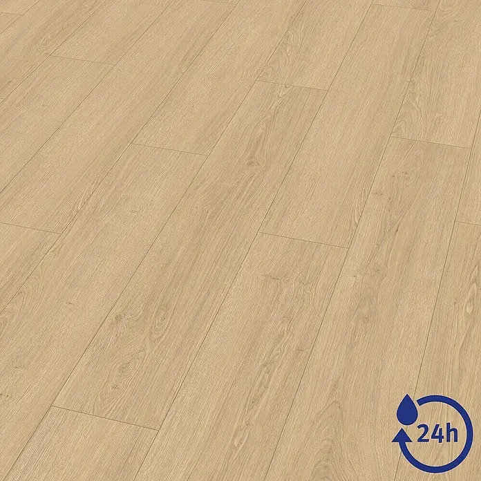 Egger Laminat NatureSense Aqua - Victoria Eiche natur, Landhausdiele, 1.292 x 193 x 8 mm - Abgebildeter Laminatboden mit wasserabweisender Oberfläche, gekennzeichnet mit einem Symbol für 24 Stunden Schutz vor Wasser.