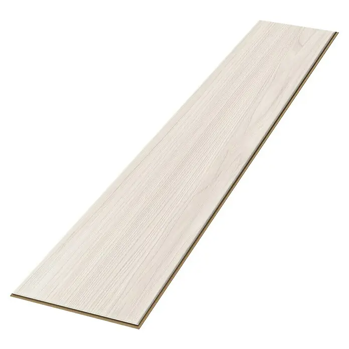 Egger Laminat NatureSense Aqua - Sheffield Akazie weiß, Landhausdiele, 1.292 x 193 x 8 mm - Detailaufnahme eines Laminatbodens mit hellem Holzdekor und einer feinen Maserung, ideal für moderne Innenräume.