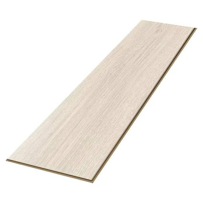 Egger Laminat NatureSense Aqua - Victoria Eiche weiß, Landhausdiele, 1.292 x 246 x 8 mm - Dieses Bild zeigt ein einzelnes, helles Holzlaminatpaneel mit einer deutlichen Holzmaserung, das für Bodenbeläge geeignet ist und eine natürliche Ästhetik bietet.