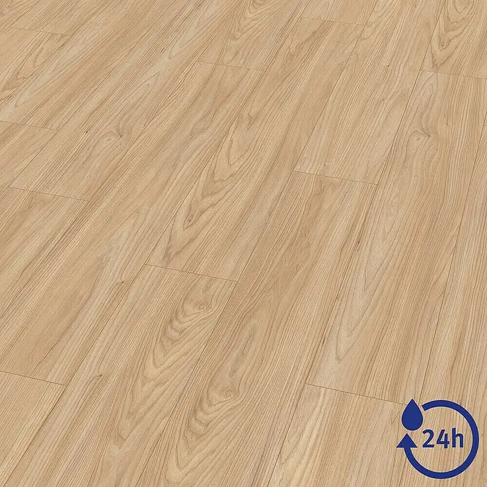Egger Laminat NatureSense Aqua - Sheffield Akazie natur, Landhausdiele, 1.292 x 193 x 8 mm - Abbildung eines Laminatbodens in Holzoptik, der Wasserfestigkeit für bis zu 24 Stunden bietet, ideal für stark frequentierte Bereiche.