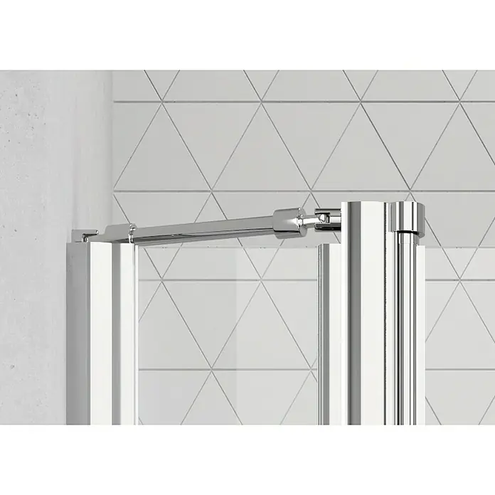 Camargue Vario Eckdusche S1+S15+S4+S16 - 115 x 160 x 195 cm, Beschichtet, Silber, Glasstärke: 6 mm - Nahaufnahme einer eleganten Duschkabine mit klaren Linien und glänzenden Chromdetails, die ein modernes Badezimmerambiente schafft.
