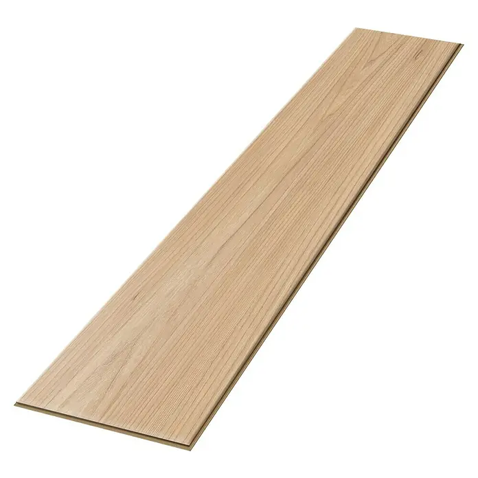 Egger Laminat NatureSense Aqua - Sheffield Akazie natur, Landhausdiele, 1.292 x 193 x 8 mm - Einzelne Diele Laminatboden in hellem Holzton, perfekt für moderne Wohnräume, auf dunklem Hintergrund mit Streifen.