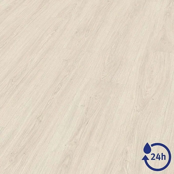 Egger Laminat NatureSense Aqua - Victoria Eiche weiß, Landhausdiele, 1.292 x 246 x 8 mm - Helle Holzbodenfläche mit feiner Maserung und wasserabweisendem Symbol, ideal für Feuchträume.