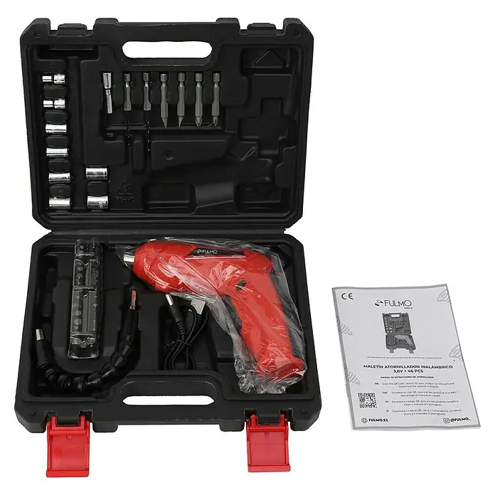 Fulmo Atornillador de batería - 3,6 V, 1 batería, 1,3 Ah, 3,5 Nm - Kit de destornillador inalámbrico rojo en un estuche negro abierto con puntas, cargador y manual.