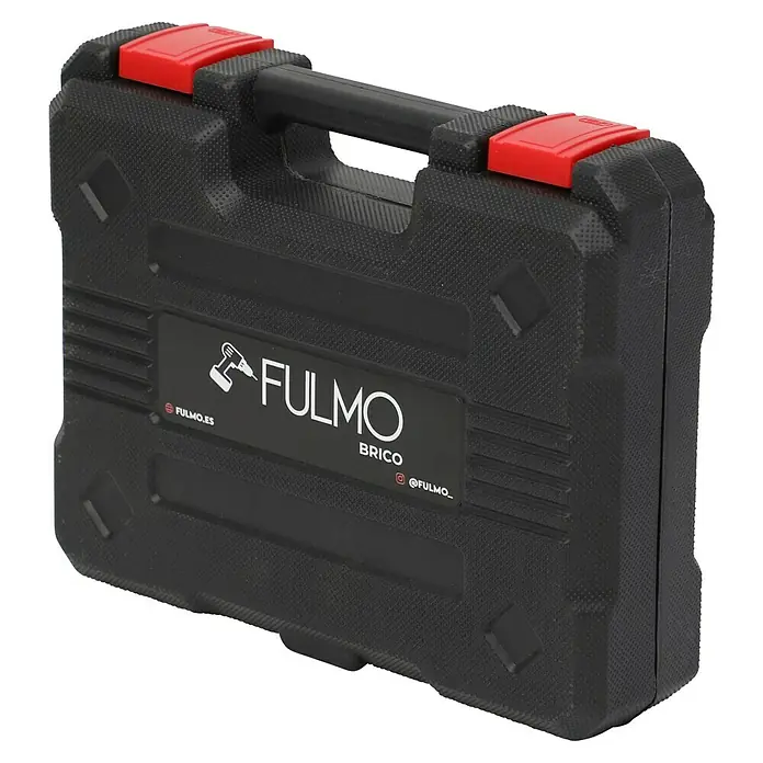 Fulmo Atornillador de batería - 3,6 V, 1 batería, 1,3 Ah, 3,5 Nm - Caja de herramientas negra Fulmo Brico con cierres rojos y asa para transporte y almacenamiento seguro de herramientas.