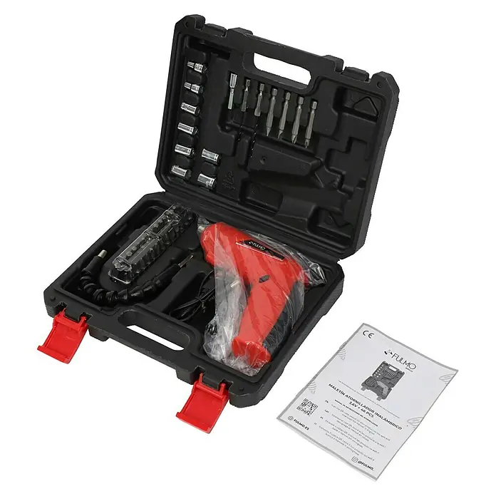 Fulmo Atornillador de batería - 3,6 V, 1 batería, 1,3 Ah, 3,5 Nm - Una caja de herramientas negra abierta con un destornillador inalámbrico rojo y varias puntas.