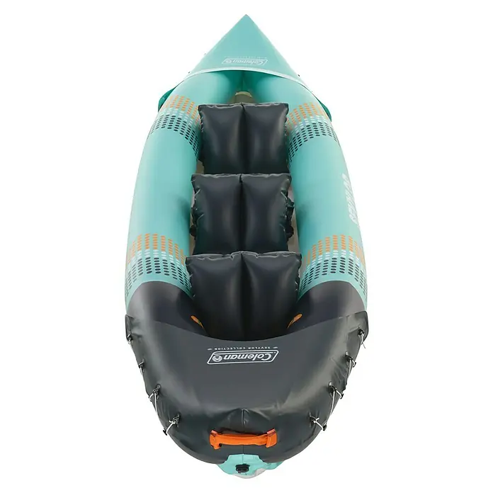 Sevylor Kajak Toledo - L x B: 361 x 90 cm, Nutzlast: 200 kg, Geeignet für: 2+1 Personen - Draufsicht auf ein türkisgraues Coleman Seyvlor Collection Schlauchboot mit drei Sitzen und orangefarbenen Akzenten.
