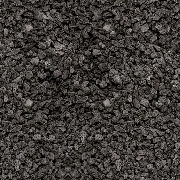 Hamann Mercatus Lavamulch - Anthrazit, Körnung: 8 mm - 16 mm, 1.000 l - Nahaufnahme von gebrochenem Basaltgestein. Ideal für Aquarien und Gärten. Dunkle Farbe, natürliche Textur.