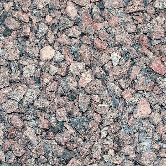 Hamann Mercatus Granitsplitt - Nordisch Rot, Körnung: 8 mm - 16 mm, 25 kg - Nahaufnahme von rotem Granitschotter, ideal für Gartenwege und dekorative Zwecke.