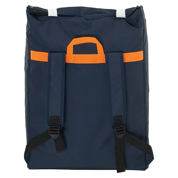 Sevylor Kajak Colorado Kit - L x B: 342 x 96 cm, Nutzlast: 180 kg, Geeignet für: 2 Personen - Rückansicht eines marineblauen Rucksacks mit orangefarbenen Akzenten und verstellbaren Trägern, ideal für den täglichen Gebrauch.
