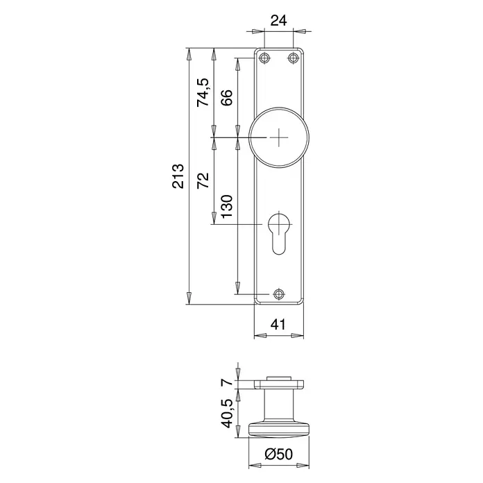 Portaferm Knopfkurzschild F4 - Distanznorm: 72 mm, Aluminium - Technische Zeichnung eines Türdrückers mit Rosette, inklusive Bemaßungen für Montage und Design.