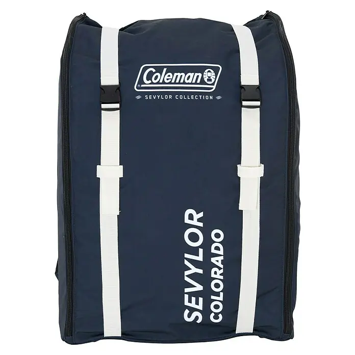 Sevylor Kajak Colorado Kit - L x B: 342 x 96 cm, Nutzlast: 180 kg, Geeignet für: 2 Personen - Die blaue Coleman Sevylor Colorado Tragetasche mit weißen Riemen und dem Coleman-Logo. Ideal zum Transport Ihres Schlauchboots.