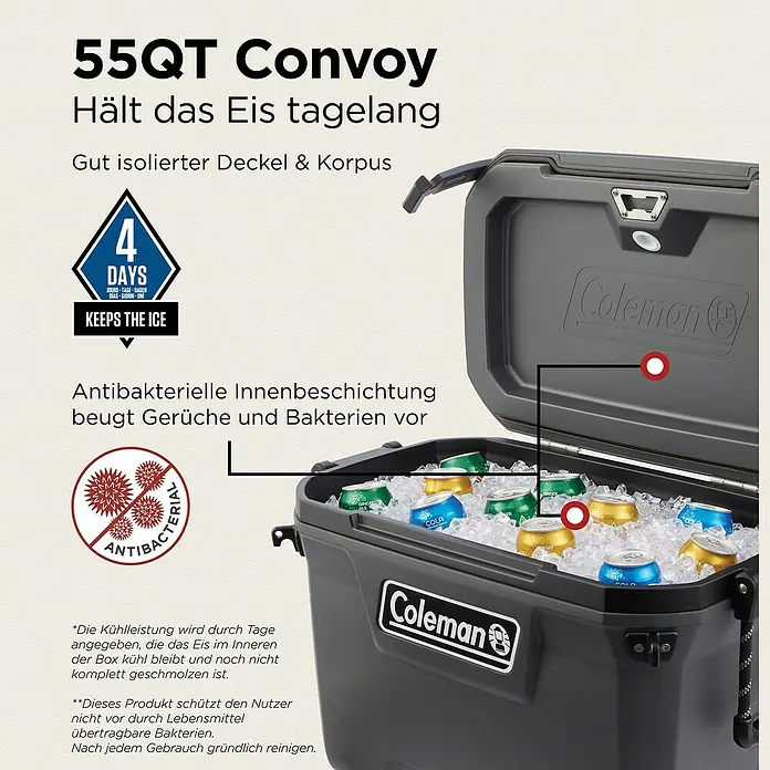 Coleman Kühlbox Convoy QT55 - L x B x H: 37 x 65 x 44 cm, Schwarz, 53 l - Dunkelgraue Coleman Kühlbox, offen, gefüllt mit Eis und Dosengetränken.