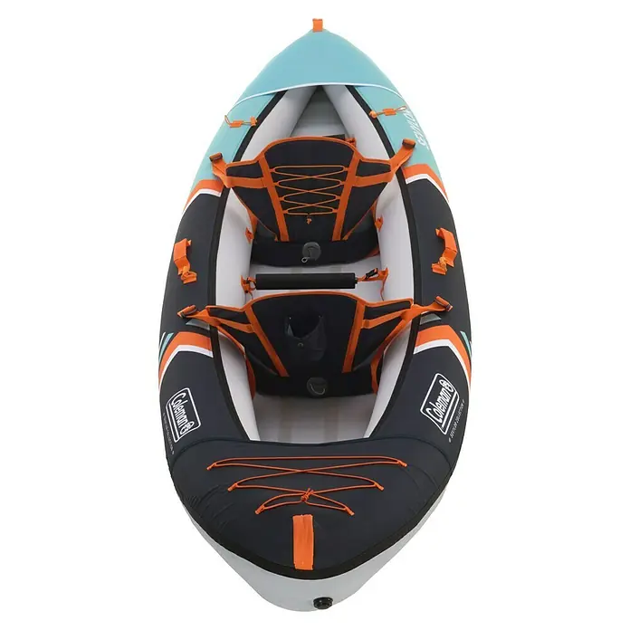 Sevylor Kajak Colorado Kit - L x B: 342 x 96 cm, Nutzlast: 180 kg, Geeignet für: 2 Personen - Das Coleman Kajak: Ein aufblasbares Kajak in Türkis, Schwarz und Orange, ideal für Outdoor-Abenteuer auf dem Wasser.