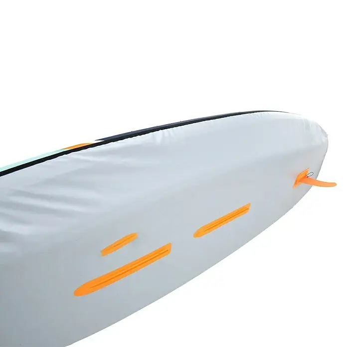 Sevylor Kajak Maui 2 + 1 - L x B: 380 x 98 cm, Nutzlast: 250 kg, Geeignet für: 2+1 Personen - Detailansicht eines SUP-Boards mit orangen Finnen, ideal für Wassersportler und Abenteurer.