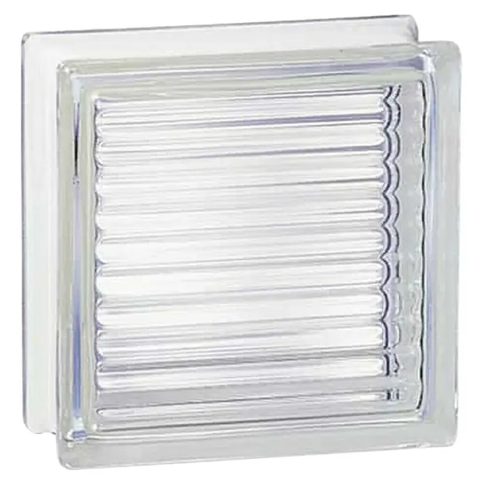 Bloque de vidrio Parallel - Transparente, Decorativo, 8 x 19 x 19 cm - Imagen de un bloque de vidrio con un diseño claro y acanalado, ideal para proyectos de construcción decorativos y funcionales.