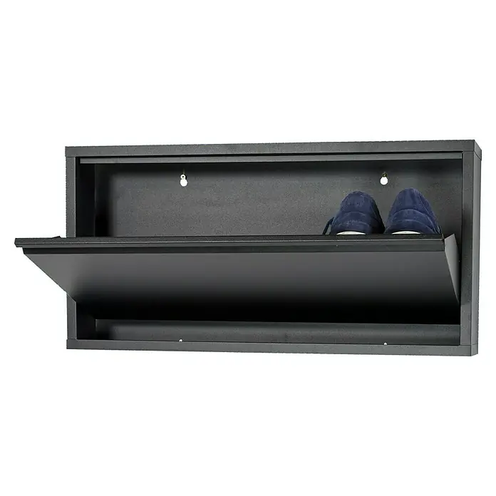 Spinder Design Schuhschrank Billy 1 - L x B x H: 12,5 x 72 x 37,5 cm, Geeignet für: 3 Paar Schuhe - Eine moderne, schwarze Schuhaufbewahrung mit herunterklappbarer Front, die Platz für Schuhe bietet und eine stilvolle Lösung darstellt.