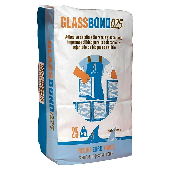 Cemento cola Glass Bond 025 - 25 kg, Apto para: Bloques de vidrio - Imagen de un saco de GLASSBOND025, un adhesivo y sellador de alto rendimiento para bloques de vidrio, ideal para construcción y renovación.