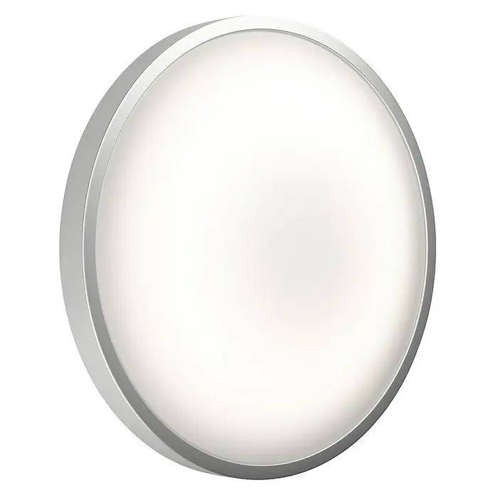 Osram LED-Wand- & Deckenleuchte Clickswitch - 21 W, Weiß, Tageslichtweiß, Durchmesser: 410 mm - Nahaufnahme einer runden LED-Deckenleuchte mit silbernem Rahmen und weichem, weißem Licht. Ideal für moderne Innenräume.