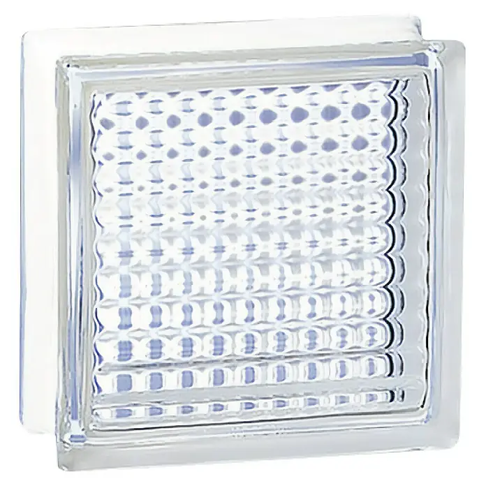 Bloque de vidrio cuadriculado - Transparente, Decorativo, 8 x 19 x 19 cm - Primer plano de un bloque de vidrio texturizado con un patrón ondulado, ideal para diseño moderno y soluciones de iluminación natural.