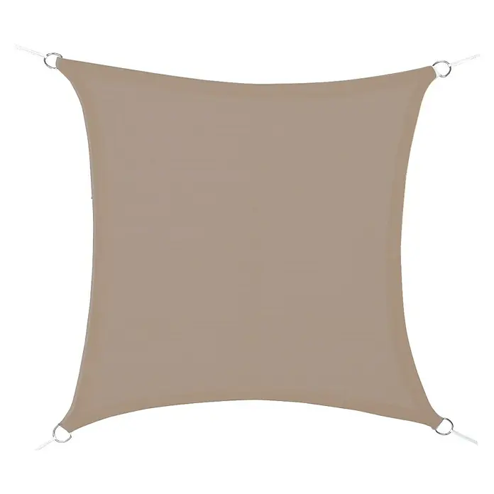 Faura Toldo vela PES - L x An: 3,6 x 3,6 m, Arena, Cuadrado - Un toldo de sol cuadrado beige, con anillos de fijación en tono plateado en cada esquina, proporciona sombra y protección contra el sol.