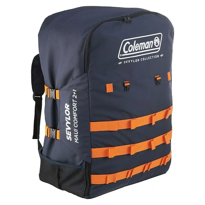 Sevylor Kajak Maui 2 + 1 - L x B: 380 x 98 cm, Nutzlast: 250 kg, Geeignet für: 2+1 Personen - Coleman Sevylor Maui Comfort 2+1 Rucksack, ideal für Wassersport. Dunkelblau mit orangen Details, robust und funktional.
