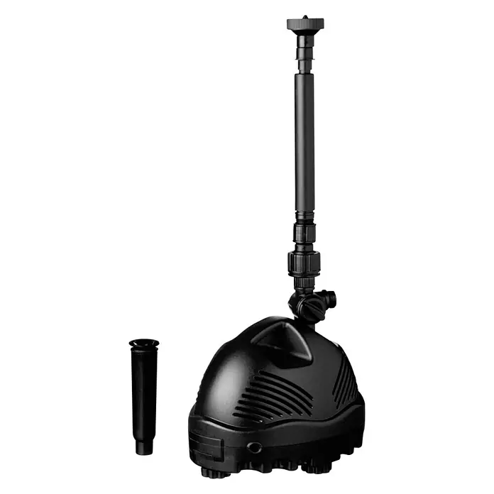 Ubbink Wasserspielpumpe Elimax 1000 - 15 W, Max. Förderhöhe: 145 cm - Ein schwarzer Springbrunnenpumpe, die mit einem Steigrohr und einem zusätzlichen Düsenaufsatz ausgestattet ist und für den Einsatz im Freien geeignet ist.