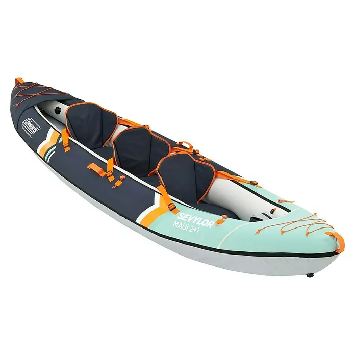 Sevylor Kajak Maui 2 + 1 - L x B: 380 x 98 cm, Nutzlast: 250 kg, Geeignet für: 2+1 Personen - Aufblasbares 3-Personen-Kajak Sevylor Maui 2+1 mit blauer und mintfarbener Farbgebung.