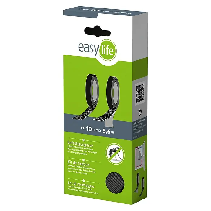 Easy Life Befestigungs-SetLänge: 560 cm, Schwarz - Bild einer Verpackungseinheit des Easy Life Befestigungssets, bestehend aus selbstklebendem Befestigungsband zur Anbringung von Fiberglasgewebe.
