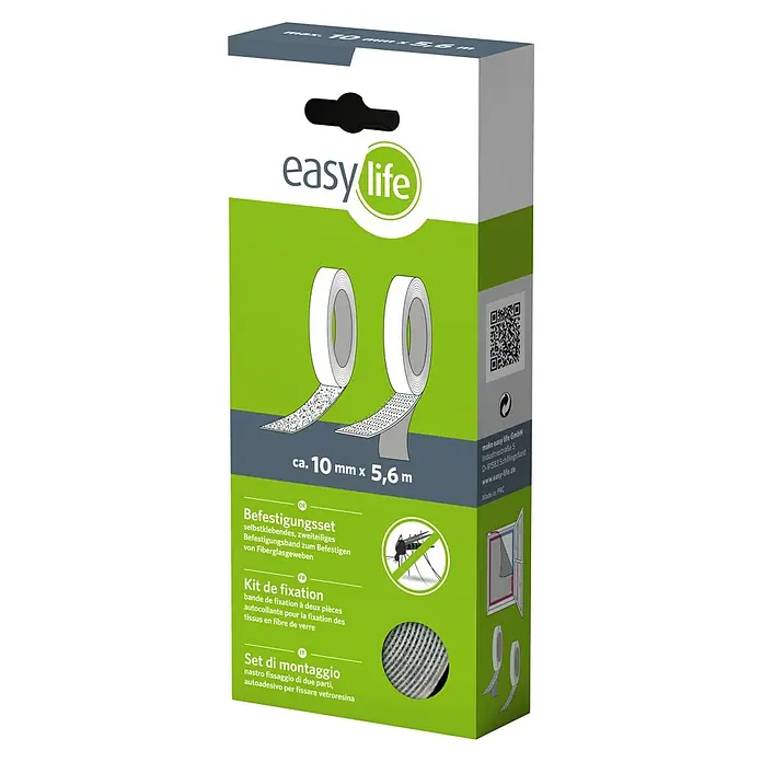 Easy Life Befestigungs-SetLänge: 560 cm, Weiß - Abbildung des Easy Life Befestigungssets, bestehend aus selbstklebendem Befestigungsband zum Anbringen von Fiberglasgeweben.