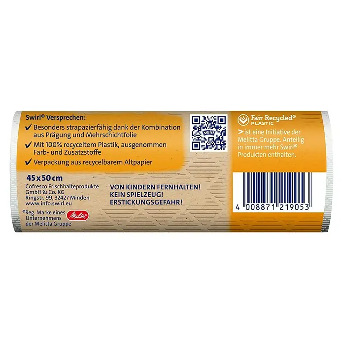 Swirl Müllbeutel mit Zugband - 20 l, 15 Stk. - Etikett für Swirl® Frischhaltefolie, mit Hinweisen auf recycelten Kunststoff und Papierverpackung. Enthält Warnhinweise.