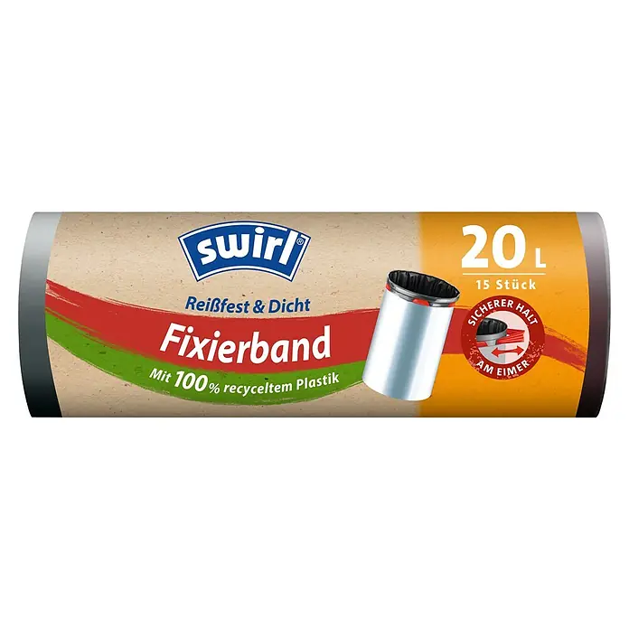 Swirl Müllbeutel mit Fiixierband - 20 l, 15 Stk., Schwarz - Müllbeutelrolle der Marke Swirl mit 20L Fassungsvermögen und Fixierband, hergestellt aus 100% recyceltem Kunststoff. 15 Stück pro Rolle.