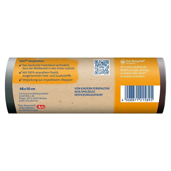 Swirl Müllbeutel mit Fiixierband - 20 l, 15 Stk., Schwarz - Produktverpackung: Swirl® Müllbeutel mit 100% recyceltem Plastik und recycelbarer Altpapierverpackung, 48x50 cm.