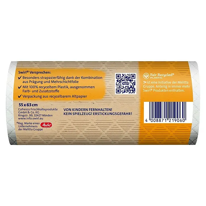 Swirl Müllbeutel mit Zugband - 35 l, 11 Stk. - Produktbild der Swirl®-Verpackung, die Informationen zu Recyclingmaterialien und Warnhinweise enthält.
