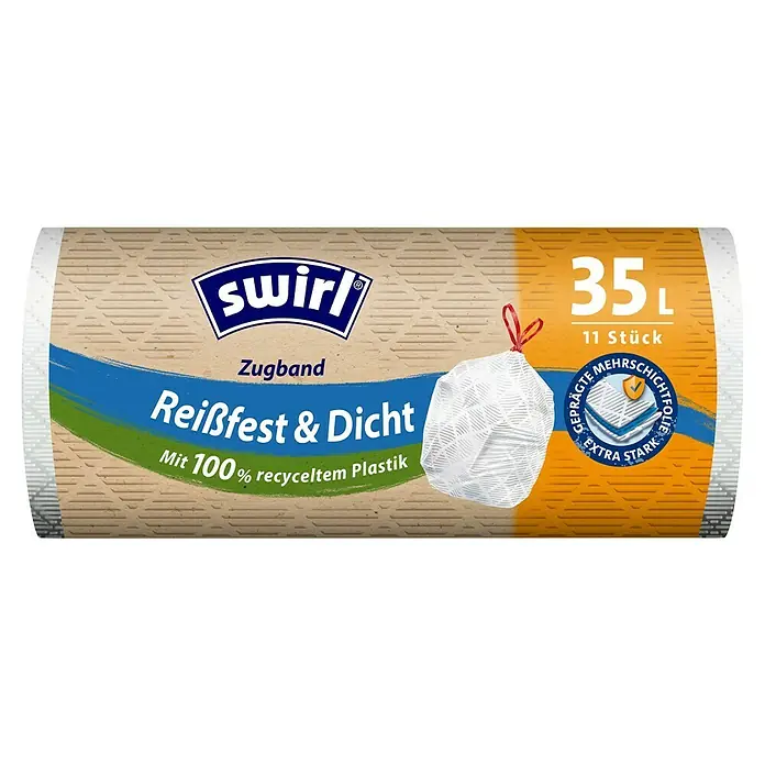Swirl Müllbeutel mit Zugband - 35 l, 11 Stk. - Bild einer Packung Swirl-Müllbeutel mit Zugband, 35 Liter Fassungsvermögen und aus 100 % recyceltem Kunststoff, extra stark und reißfest.