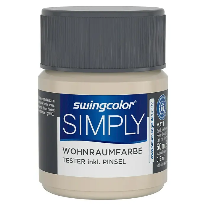 swingcolor Farbtester SIMPLY - Nr. 27, Matt, 50 ml - Abbildung einer Dose Swingcolor Simply Wohnraumfarbe. Die Farbe hat ein mattes Finish und ist für den Innenbereich geeignet.