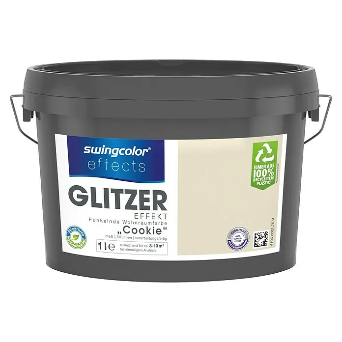 swingcolor effects Farbeffektputz Funkelnde Wohnraumfarbe mit Glitzer-Effekt - Cookie, Glitzernd, 1 l - Eimer Swingcolor Effects Glitzer "Cookie", eine glitzernde Wohnraumfarbe für den Innenbereich, 1 Liter, reicht für ca. 8-10 m².