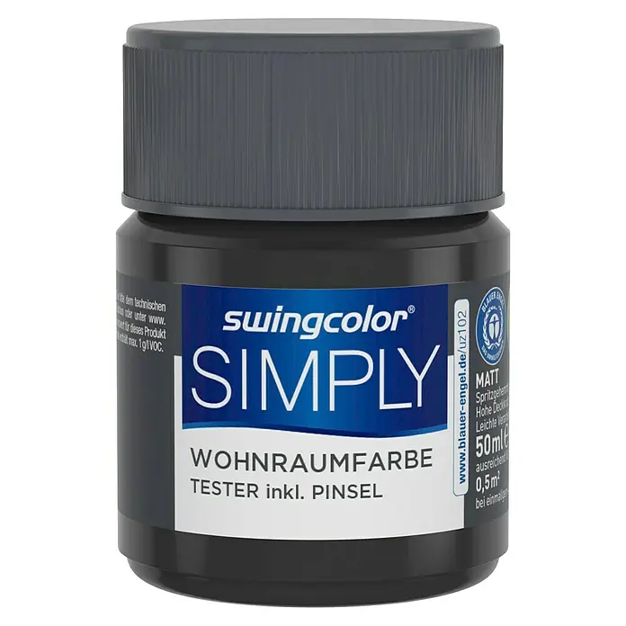 swingcolor Farbtester SIMPLY - Nr. 03, Matt, 50 ml - Nahaufnahme eines Farbtesters von Swingcolor, der sich ideal für kleine Projekte eignet. Die Farbe ist für den Wohnraum konzipiert und wird mit Pinsel geliefert.