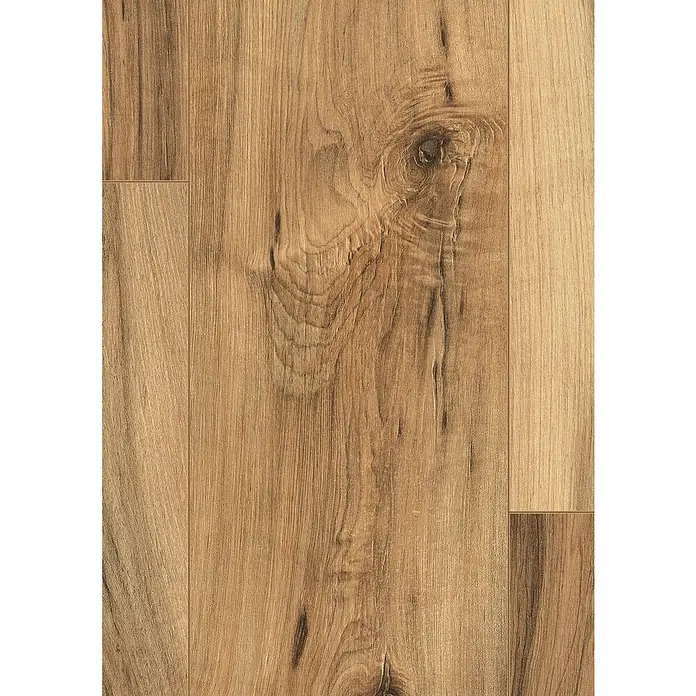 Egger Laminatmuster NatureSense Aqua - 297 x 193 x 8 mm, Landhausdiele, Perganti Nussbaum braun - Nahaufnahme von hellbraunem Laminatboden mit sichtbarer Holzmaserung, ideal für die Gestaltung von Innenräumen.